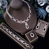 luxury cubic zirconia tassel drop jewelry set with red and white stones including necklace, earrings, ring, and bracelet