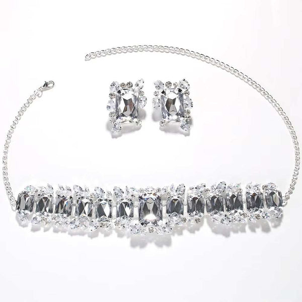Stonefans Bride crystal necklace and earrings set with silver chain and clear gemstones.
