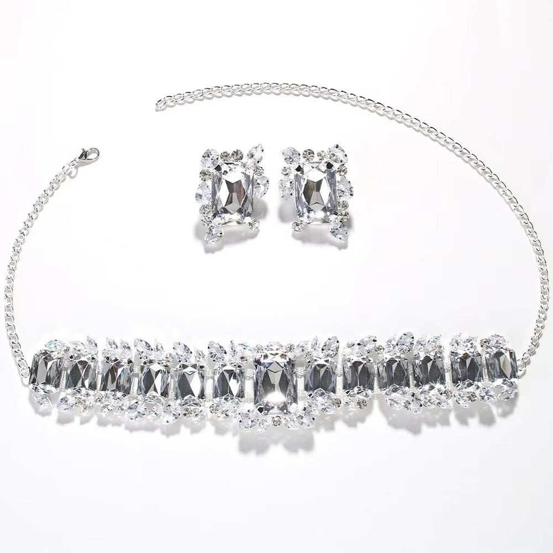Stonefans Bride crystal necklace and earrings set with silver chain and clear gemstones.