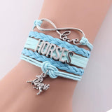 Infinity Love Horses women's handmade leather braid wrap bracelet with horse charm in blue