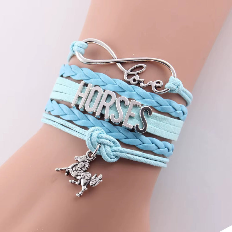 Infinity Love Horses women's handmade leather braid wrap bracelet with horse charm in blue
