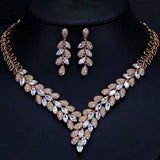 Dubai gold color cubic zirconia crystal necklace and earrings set with leaf design