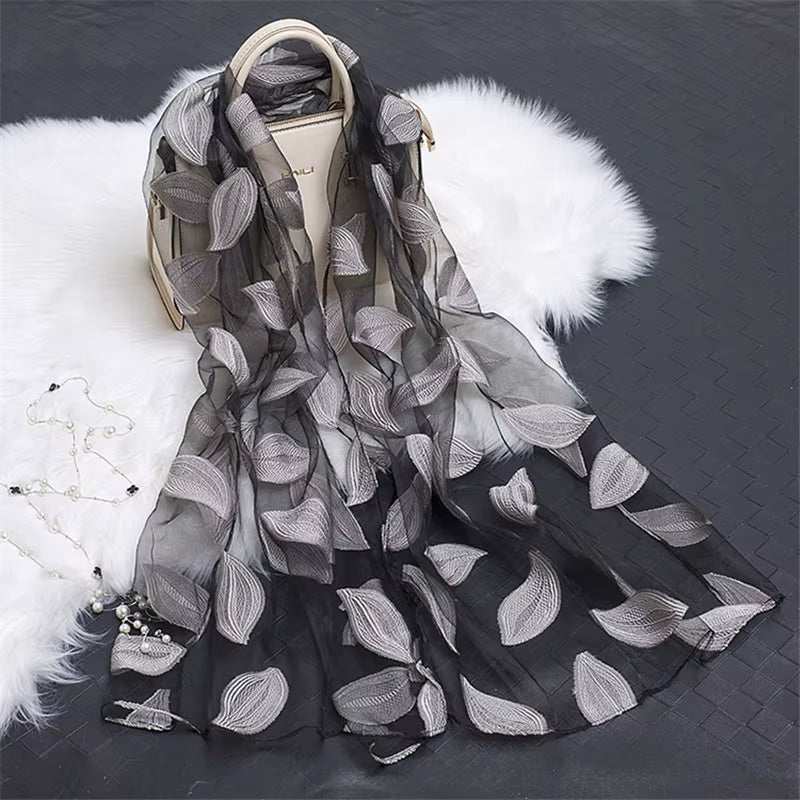 2023 Hot Sale Silk Scarf Womens Summer Breeze Lightweight Sheer Wrap and Shawls Bandana Beach Organza Gauze Lace Hollow Scarf