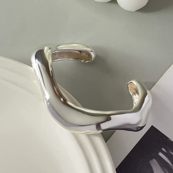 Punk Vintage Irregular chunky silver cuff bangle bracelet with glossy finish