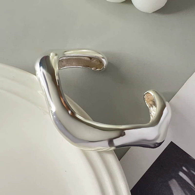 Punk Vintage Irregular chunky silver cuff bangle bracelet with glossy finish
