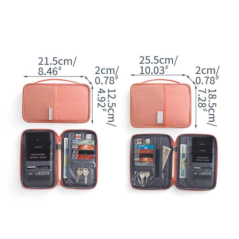 Waterproof passport holder travel wallet in pink with card slots and key pockets, two size options with measurements visible