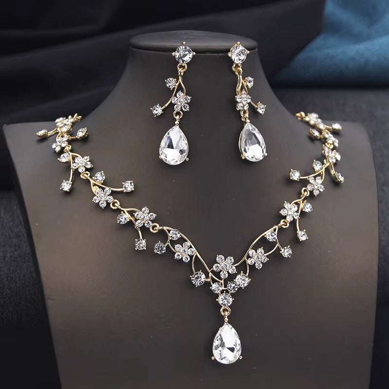 Gold plated rhinestone water drop necklace and earrings bridal jewelry set