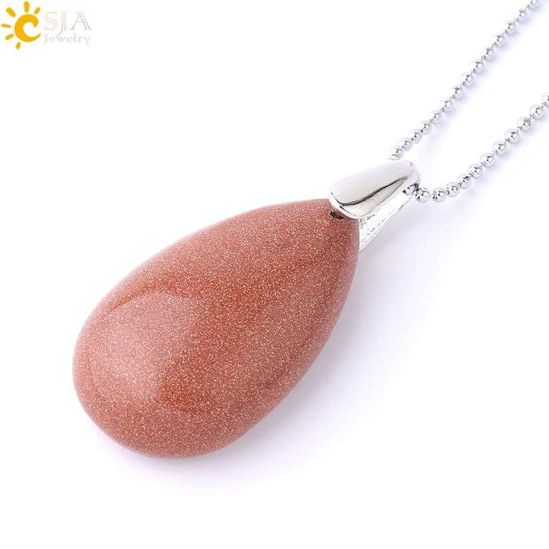 CSJA Natural Gem Stone Pendant Water Drop Necklaces Pendants Tiger Eye Lapis Lazuli Clear Crystal Opal Healing Jewellery E526