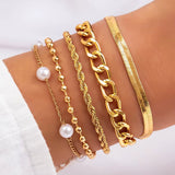 set of gold color imitation pearl chain bracelets and bangles on wrist