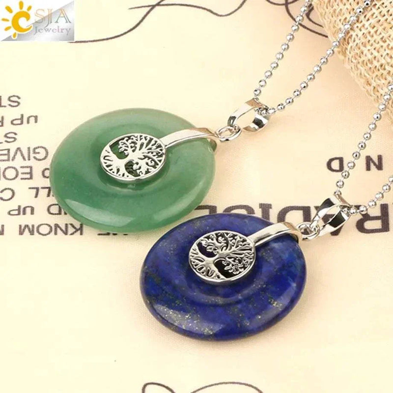 CSJA Tree of Life Charms Pendant Natural Crystal Hollow round Reiki Stone Energy Wisdom Trees Women Men Pendants Necklaces G146