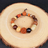 Nature Bodhi 18 Style Beads Bracelet on wooden surface, Rudraksha natural beads jewelry for meditation and fashion