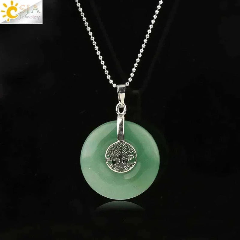 CSJA Tree of Life Charms Pendant Natural Crystal Hollow round Reiki Stone Energy Wisdom Trees Women Men Pendants Necklaces G146