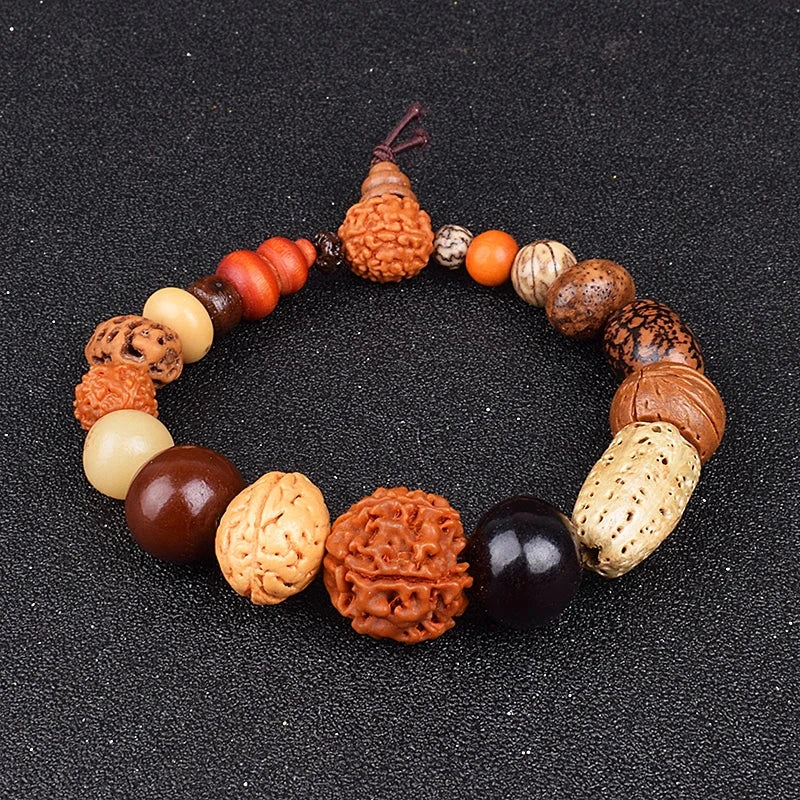 Nature Bodhi 18 Style Beads Bracelet with Rudraksha and natural wooden beads on black background