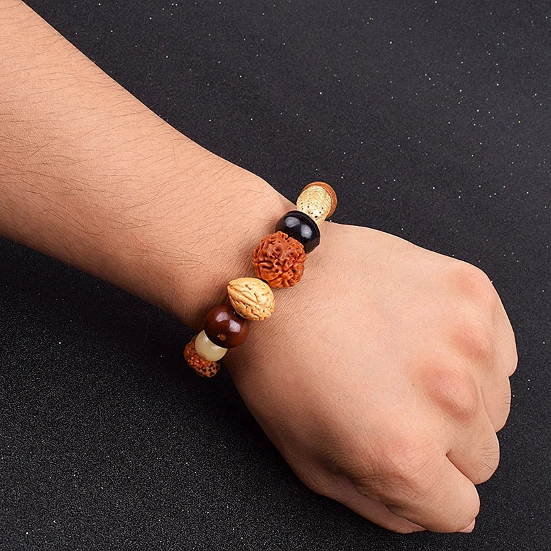 Nature Bodhi 18 Style Beads Bracelet on wrist with mixed natural beads and Rudraksha beads