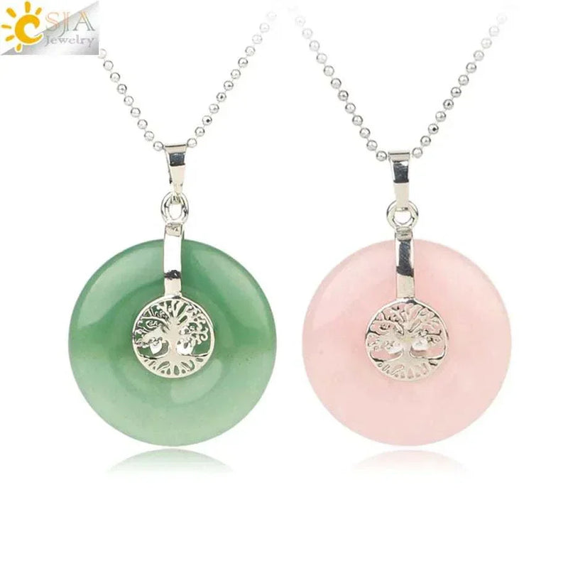CSJA Tree of Life Charms Pendant Natural Crystal Hollow round Reiki Stone Energy Wisdom Trees Women Men Pendants Necklaces G146