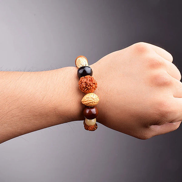 Nature Bodhi 18 Style Beads Bracelet on wrist, natural Rudraksha and mixed bead design for men and women