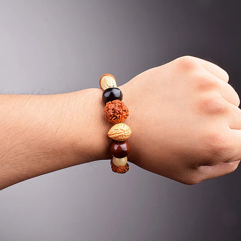 Nature Bodhi 18 Style Beads Bracelet on wrist, natural Rudraksha and mixed bead design for men and women