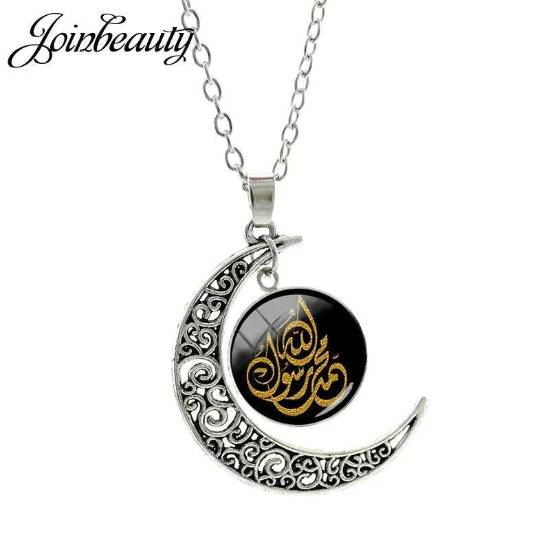 Islamic Muslims Allah Pattern Moon Necklace Fashion Women Men Accessories Simple Pendant Handmade Jewelry NT355