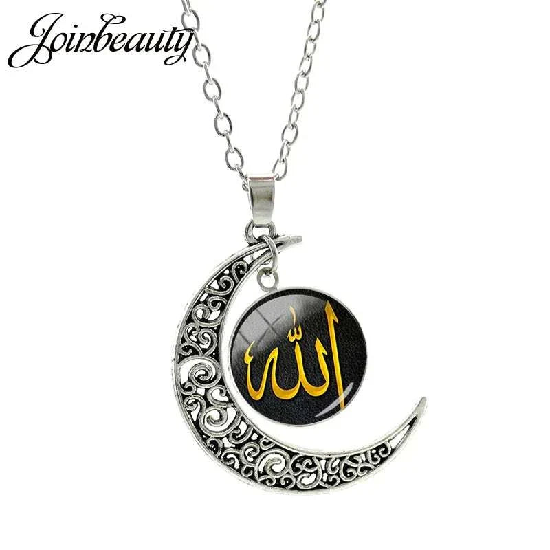 Islamic Muslims Allah Pattern Moon Necklace Fashion Women Men Accessories Simple Pendant Handmade Jewelry NT355