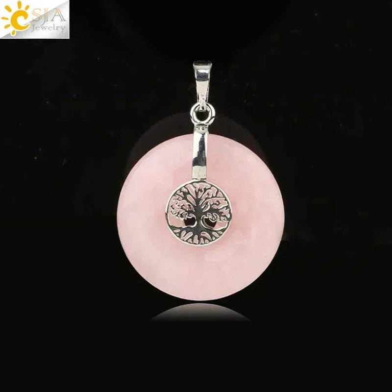 CSJA Tree of Life Charms Pendant Natural Crystal Hollow round Reiki Stone Energy Wisdom Trees Women Men Pendants Necklaces G146