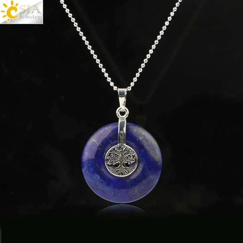 CSJA Tree of Life Charms Pendant Natural Crystal Hollow round Reiki Stone Energy Wisdom Trees Women Men Pendants Necklaces G146
