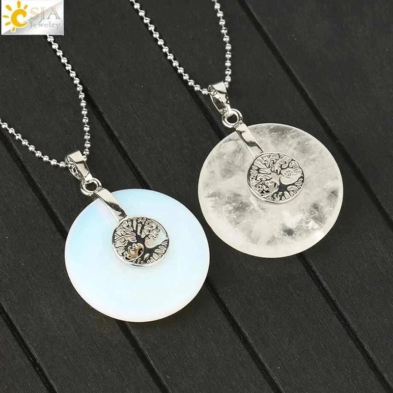 CSJA Tree of Life Charms Pendant Natural Crystal Hollow round Reiki Stone Energy Wisdom Trees Women Men Pendants Necklaces G146