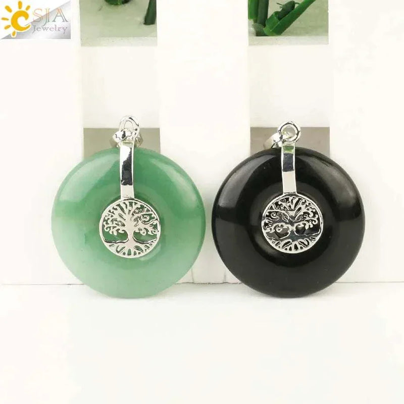 CSJA Tree of Life Charms Pendant Natural Crystal Hollow round Reiki Stone Energy Wisdom Trees Women Men Pendants Necklaces G146