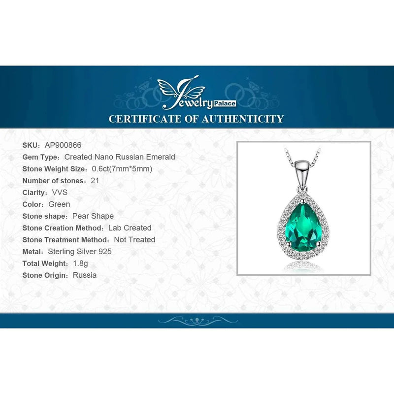 Pear Simulated Nano Emerald 925 Sterling Silver Pendant Necklace Gemstone Statement Necklace Women without Chain