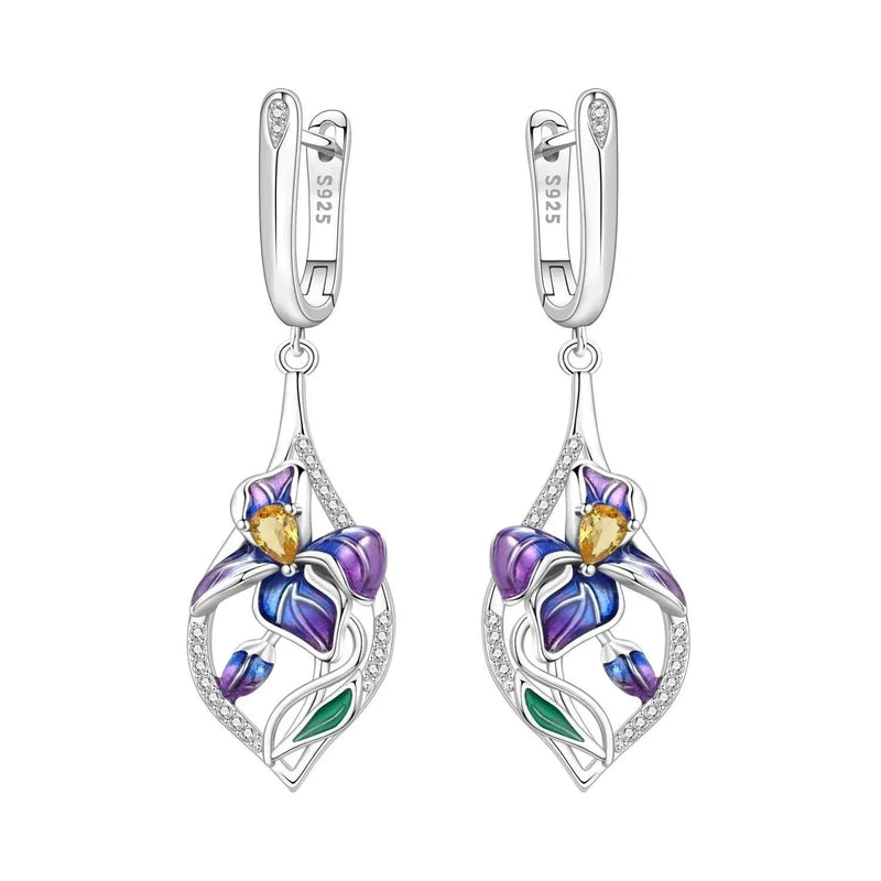 925 Sterling Silver Blue Purple Iris Flower Drop Earrings Women Earrings Charm Trend Versatile Party Jewelry Gifts