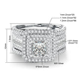 Princess cut moissanite rings set in 925 sterling silver with detailed zircon measurements and square gemstone design