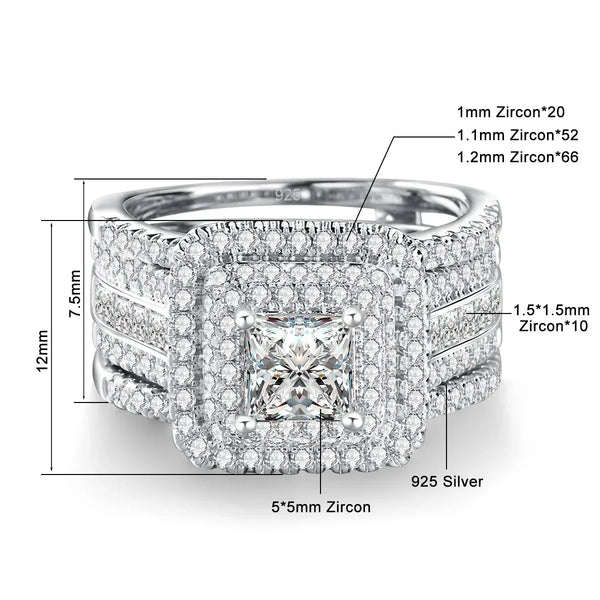 Princess cut moissanite rings set in 925 sterling silver with detailed zircon measurements and square gemstone design