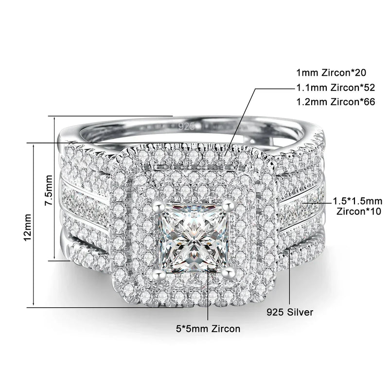 Princess cut moissanite rings set in 925 sterling silver with detailed zircon measurements and square gemstone design