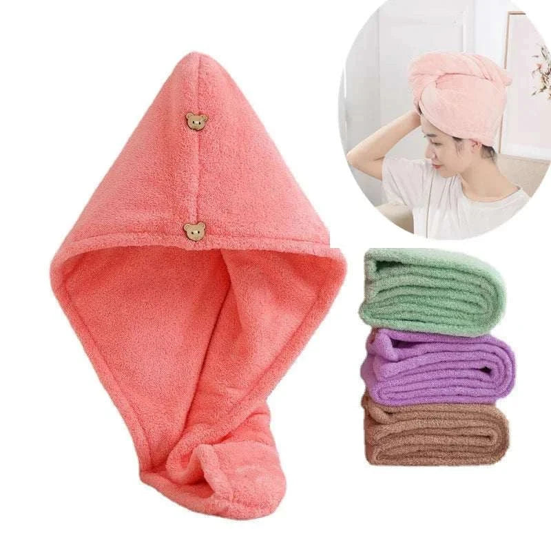 Microfiber Hair Towel,Care Cap with Button,Super Absorbent Hair Towel Wrap Fast Drying Hair Wraps Women Bathroom Accessories