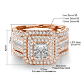 Rose gold plated 925 silver moissanite ring set with princess cut 5x5mm central stone and zircon accents