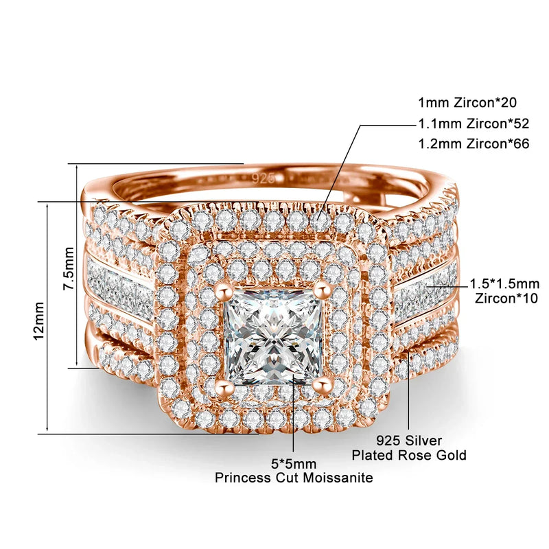 Rose gold plated 925 silver moissanite ring set with princess cut 5x5mm central stone and zircon accents