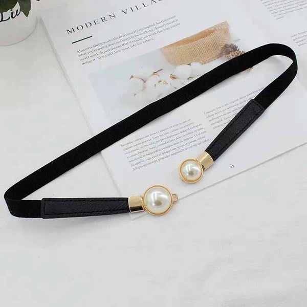 Creative Pearl Buckle Belt PU Leather Dress Skirt Waist Elastic Thin Women Belts Ladies Waistband