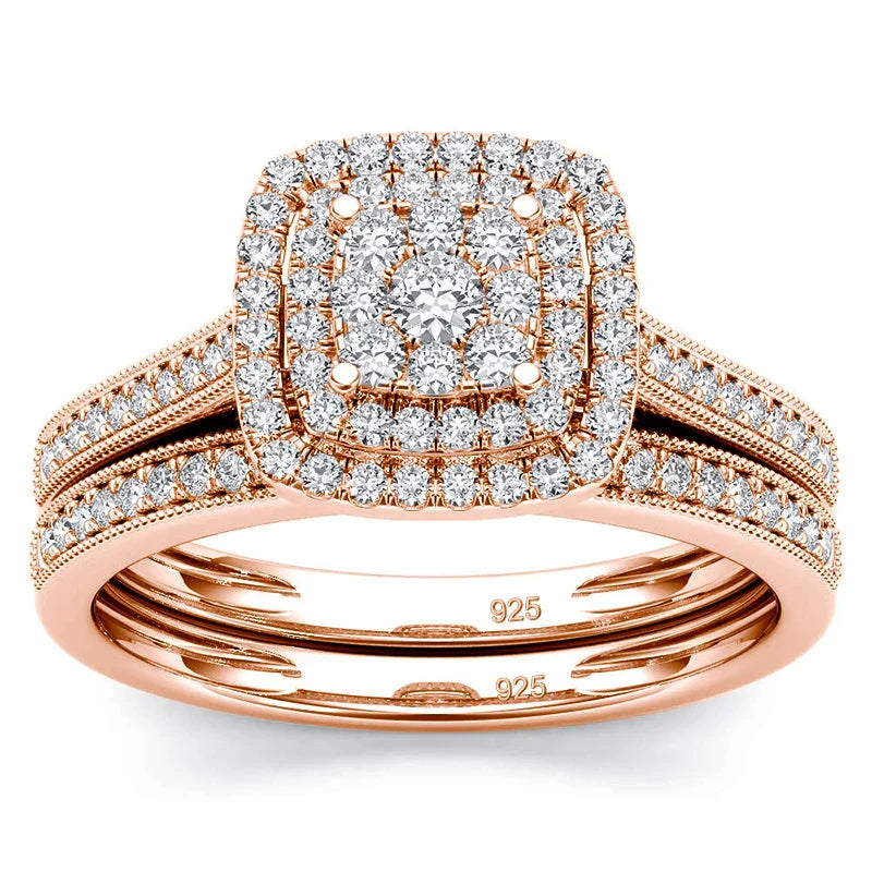 rose gold moissanite ring set with white diamonds and 925 sterling silver engraving