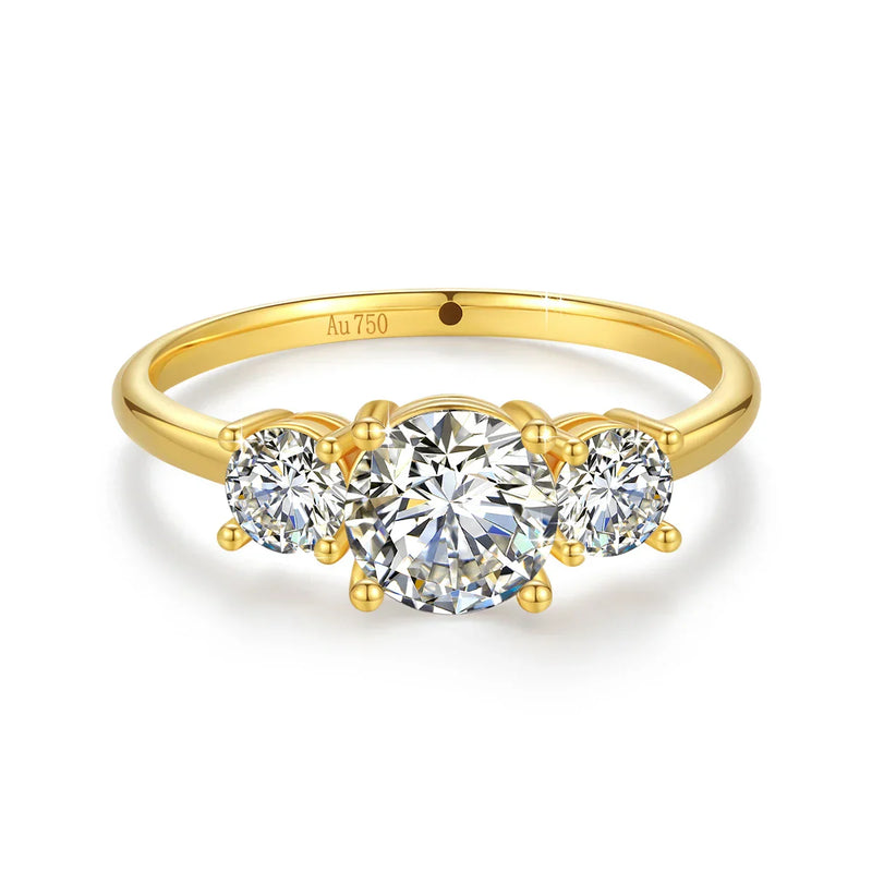 18K gold ring with three white moissanite stones in round cuts