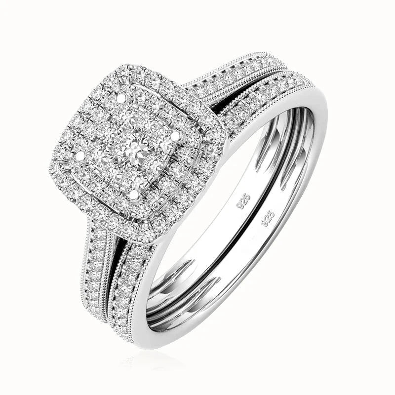 925 sterling silver moissanite ring set with white gold plating and square halo design for engagement and wedding