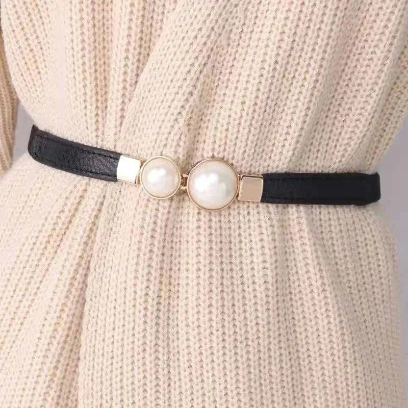 Elegant Double Pearls Buckle Elastic Women Belts Thin Straps Lady Girl Dress Skirt Decor Waistbands Trouser Decoration GM113
