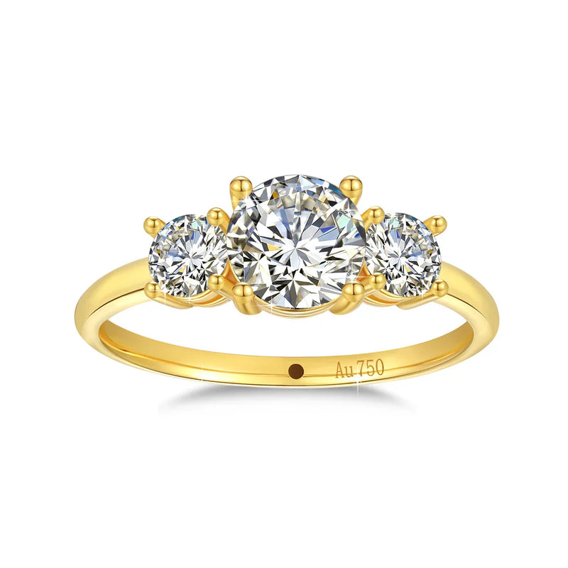 18K gold ring with three round white moissanite stones and AU750 stamp