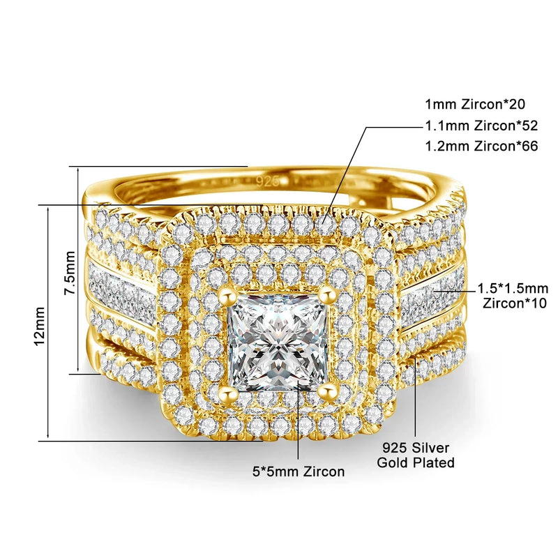 Gold plated 925 silver Moissanite rings set with princess cut 5x5mm center stone and zircon accents