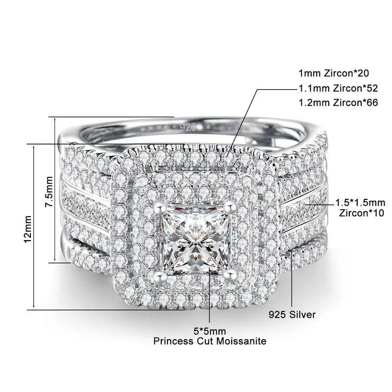 925 sterling silver Moissanite rings set with princess cut 5x5mm center stone and multiple zircon accents, detailed measurements visible