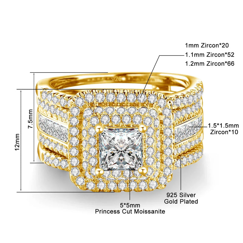 Gold plated 925 silver Moissanite rings set with princess cut 5x5mm center stone and zircon accents