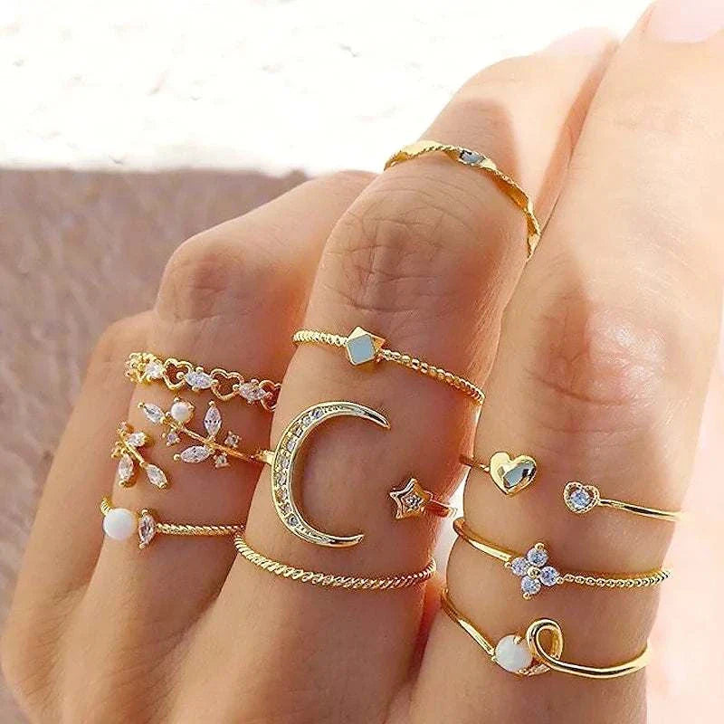 Fashion Crystal Leaves Rings for Women Girl Butterfly Flower Rings Set Birthday Gifts Jewelry