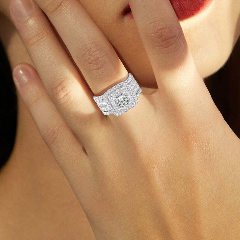 Princess cut moissanite rings set in solid 925 sterling silver on hand