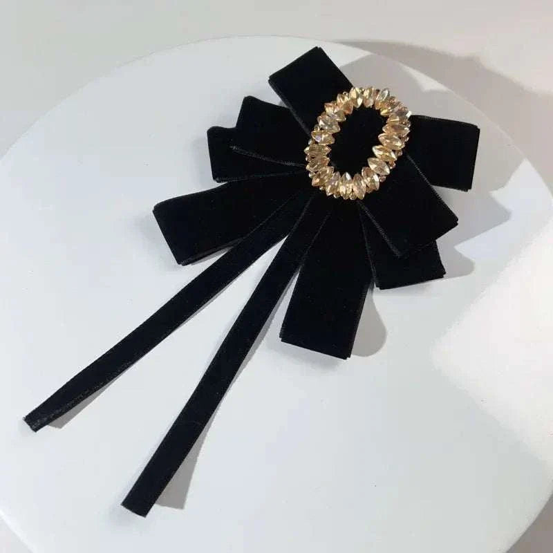 Retro Velvet Bow Tie Rhinestone Crystal Flower Brooches for Women Wedding Pearty Collar Pins Luxury Jewelry Necktie Accessories
