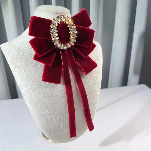 Retro Velvet Bow Tie Rhinestone Crystal Flower Brooches for Women Wedding Pearty Collar Pins Luxury Jewelry Necktie Accessories