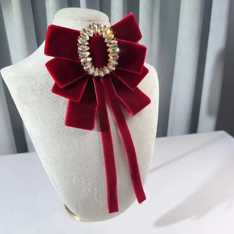 Retro Velvet Bow Tie Rhinestone Crystal Flower Brooches for Women Wedding Pearty Collar Pins Luxury Jewelry Necktie Accessories