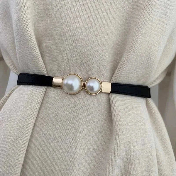 Elegant Double Pearls Buckle Elastic Women Belts Thin Straps Lady Girl Dress Skirt Decor Waistbands Trouser Decoration GM113